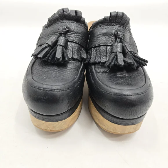 Free People Black Leather‎ Clogs with Natural Wooden Heel - Picture 4 of 14
